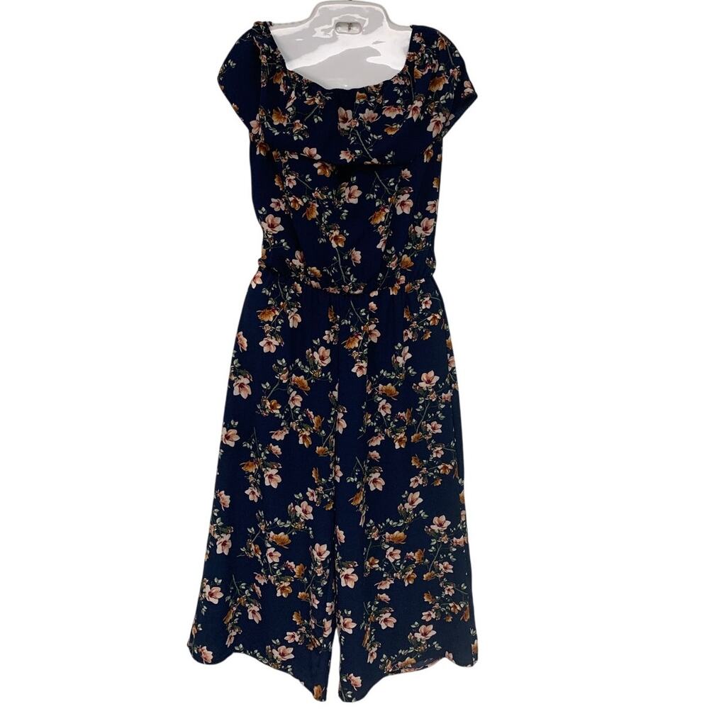 Sydney Rose Womens Small Navy Floral Off The Shoulder Sleeveless Jumpsuit